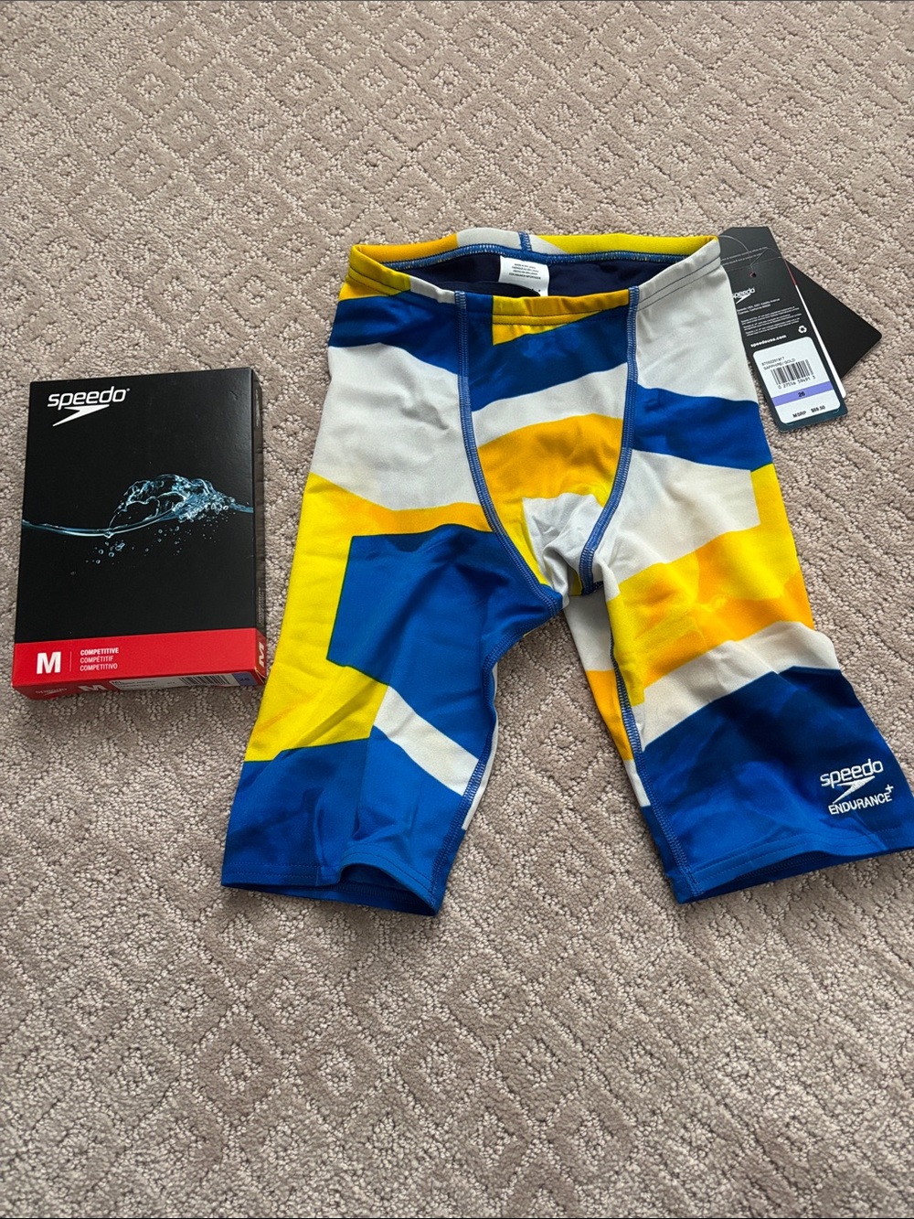 Speedo Blue Yellow White Geometric Boys Jammer